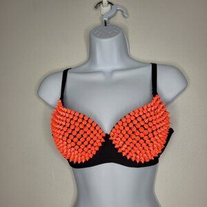 Neon orange plastic faux spike rave club kid alt baddie bra size 38